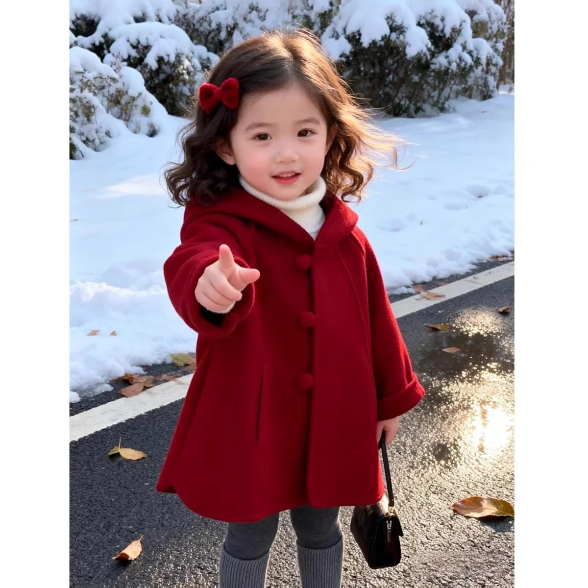 Girls Wool Coat Autumn Winter New Kids Red Hooded Baby Toddler Chinese New Year Outfit Children Clothing 90-150CM