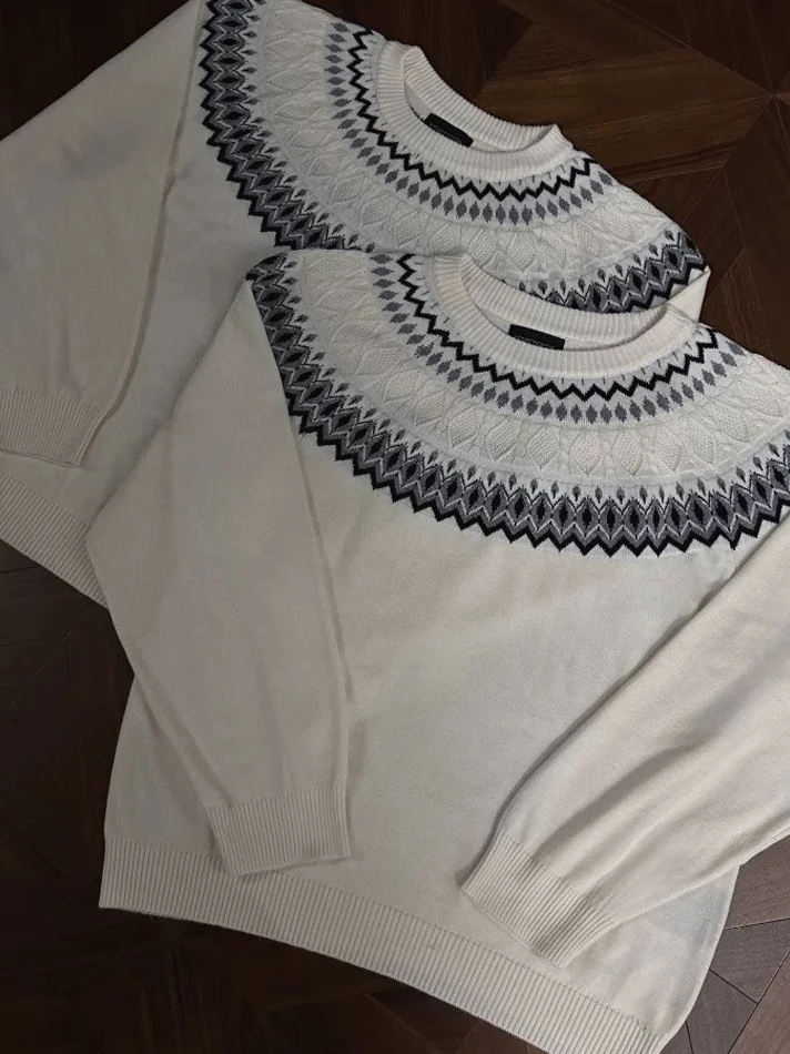 

Мужской вязаный свитер в американском стиле Fair Isle, свободный крой, с длинными рукавами, тонкий, с круглым вырезом, с вставками на плечах, шерстяной.