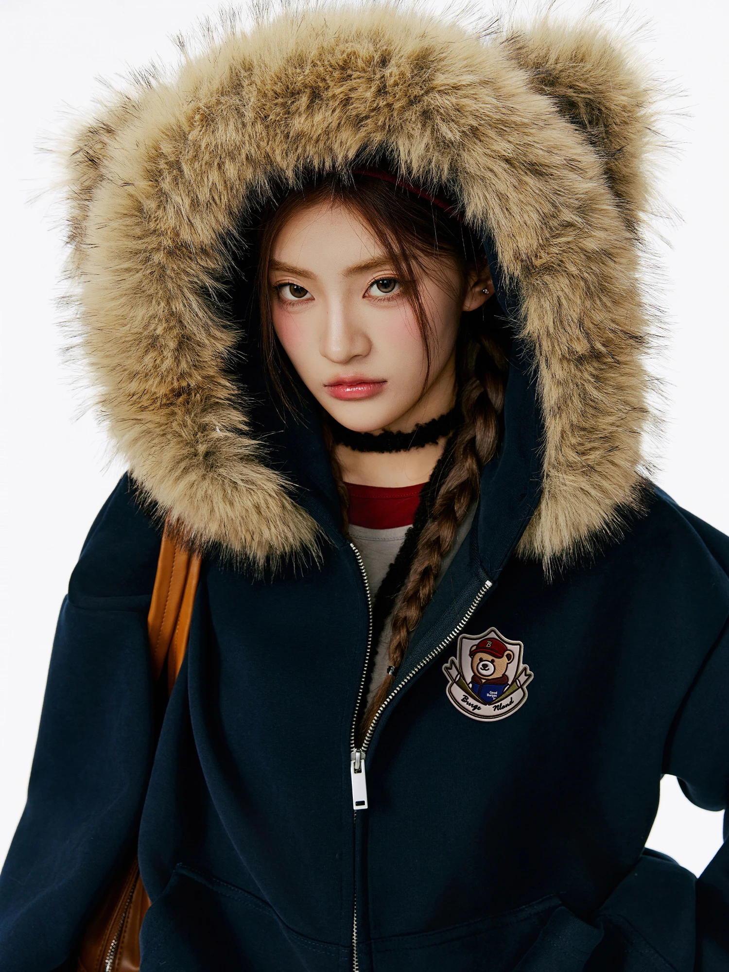 

Женский свободный крой с капюшоном Jaet Burgenland, большой меховой воротник на молнии, корейский Sle, осень-зима, новая мода, повседневная дышащая одежда