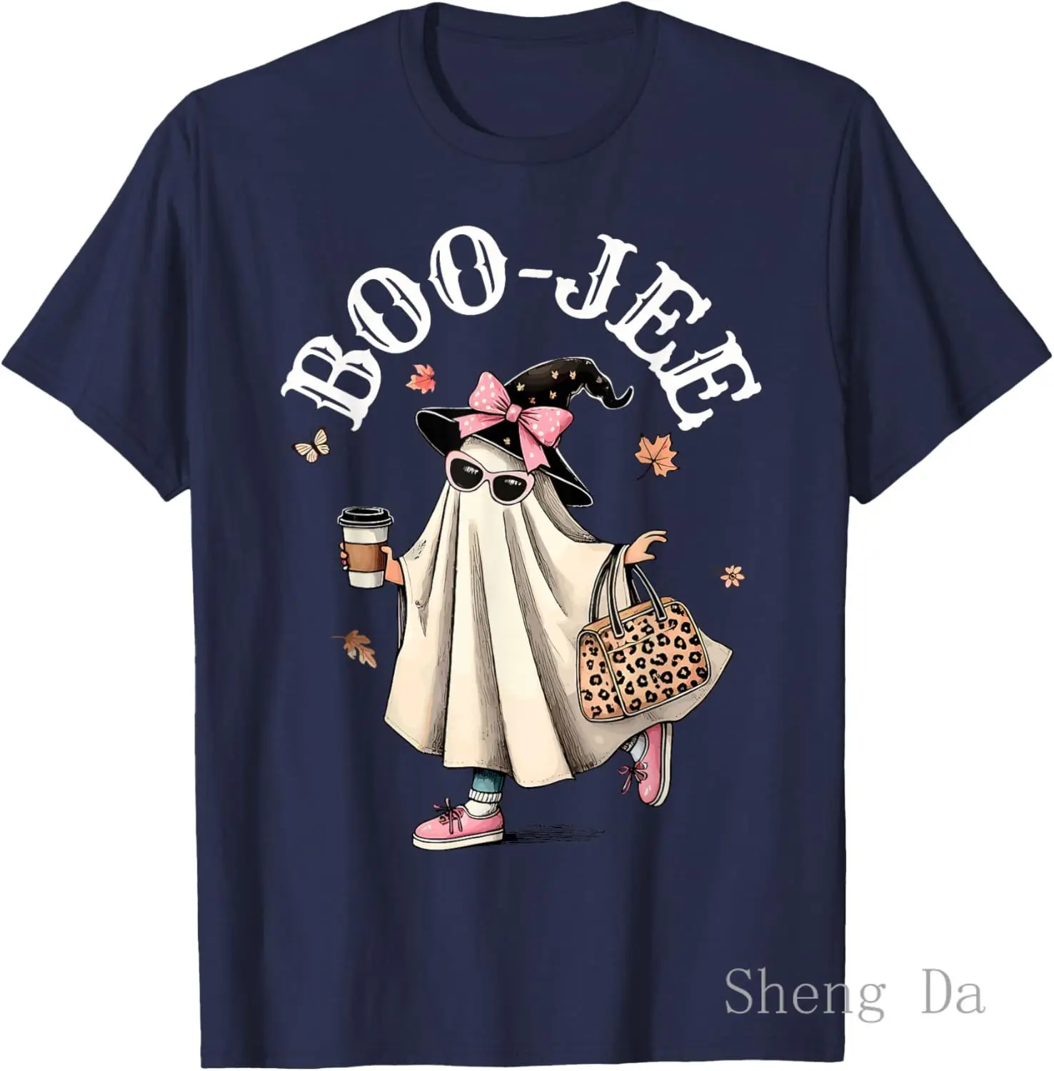 Cute Boo Jee Ghost Halloween Leopard  Coffee Womens T-Shirt T-shirts for Men Unisex Pure Cotton Graphic Women's Costumes