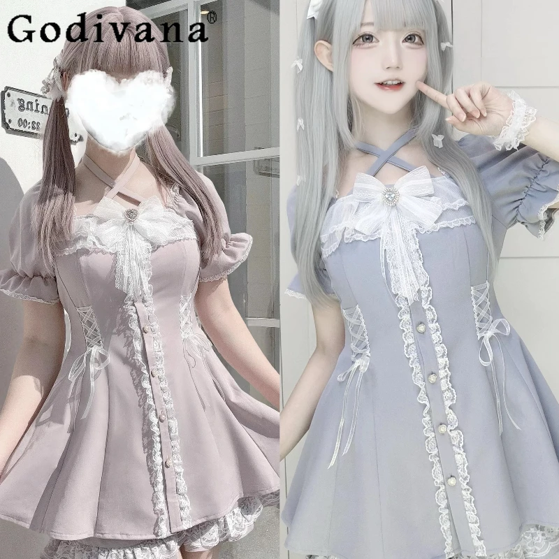 اليابانية الألغام الإنتاج الضخم لوليتا فستان قصير الأكمام مجموعة 2025 جديد الفتيات سليم صالح الحلو لطيف القوس فستان السراويل 2 قطعة مجموعة #1