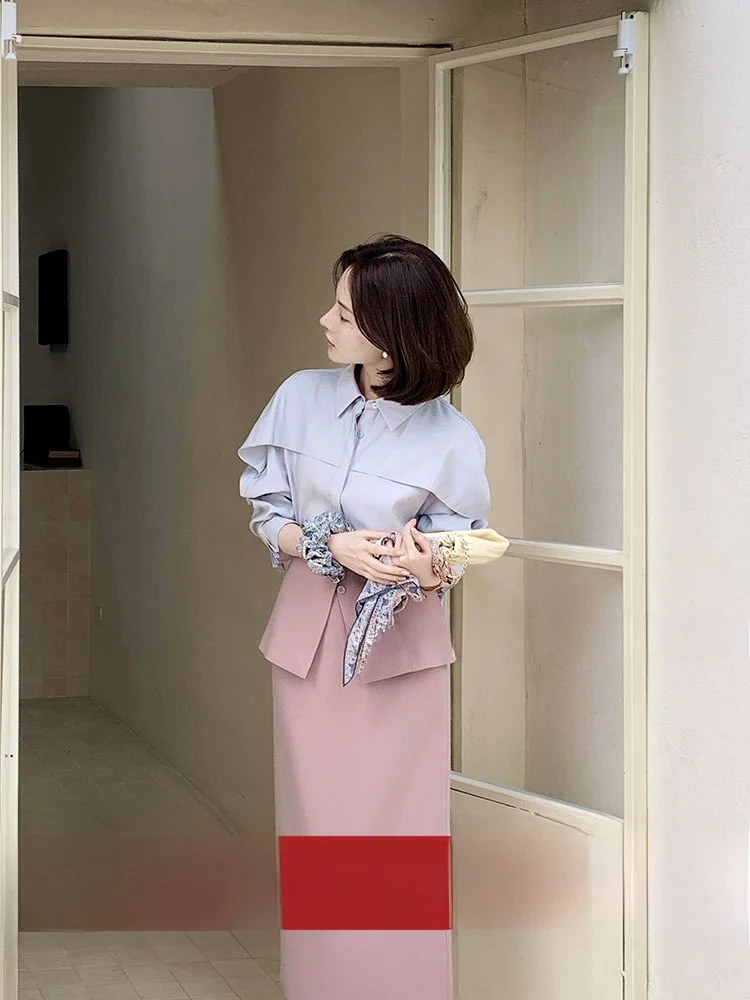 

ARE Guagua Lazy Style Large Collar Shawl Design Women's Spring High Waist Straight Leg Pants Two-Piece Set Casual Loose Fit L...