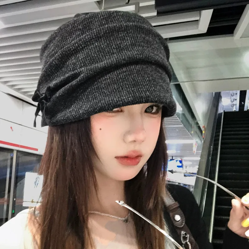 Ins Cute Bow Strap Fold Design Pile Hats for Women Autumn and Winter New Warm Versatile Show Face Small Literary Beanies