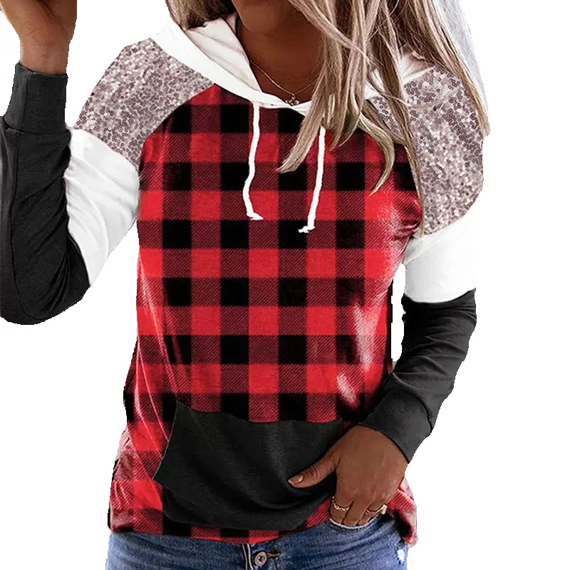 

Red Sequin Patchwork Plaid Kangaroo Pocket Sweater For Women's Autumn And Winter New Long Sleeved 25313078