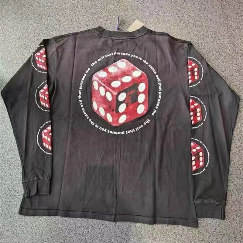 

Мужская и женская футболка большого размера High Street, винтажная потертая серая футболка с длинными рукавами и принтом кубиков, футболка премиум-класса Saint с биркой