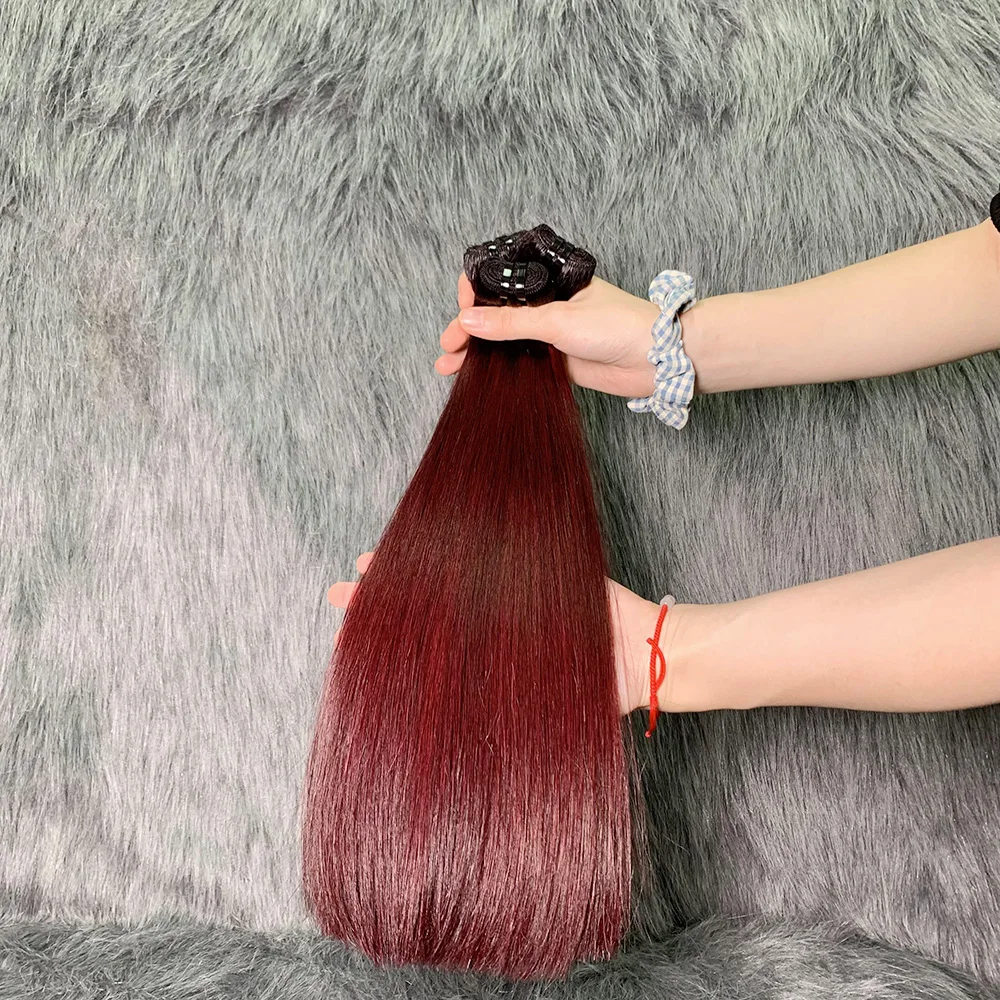 Extensiones de cabello humano virgen liso con cierre de encaje, 3 mechones con cierre, color rojo vino, hueso negro, 2x6, Vietnam