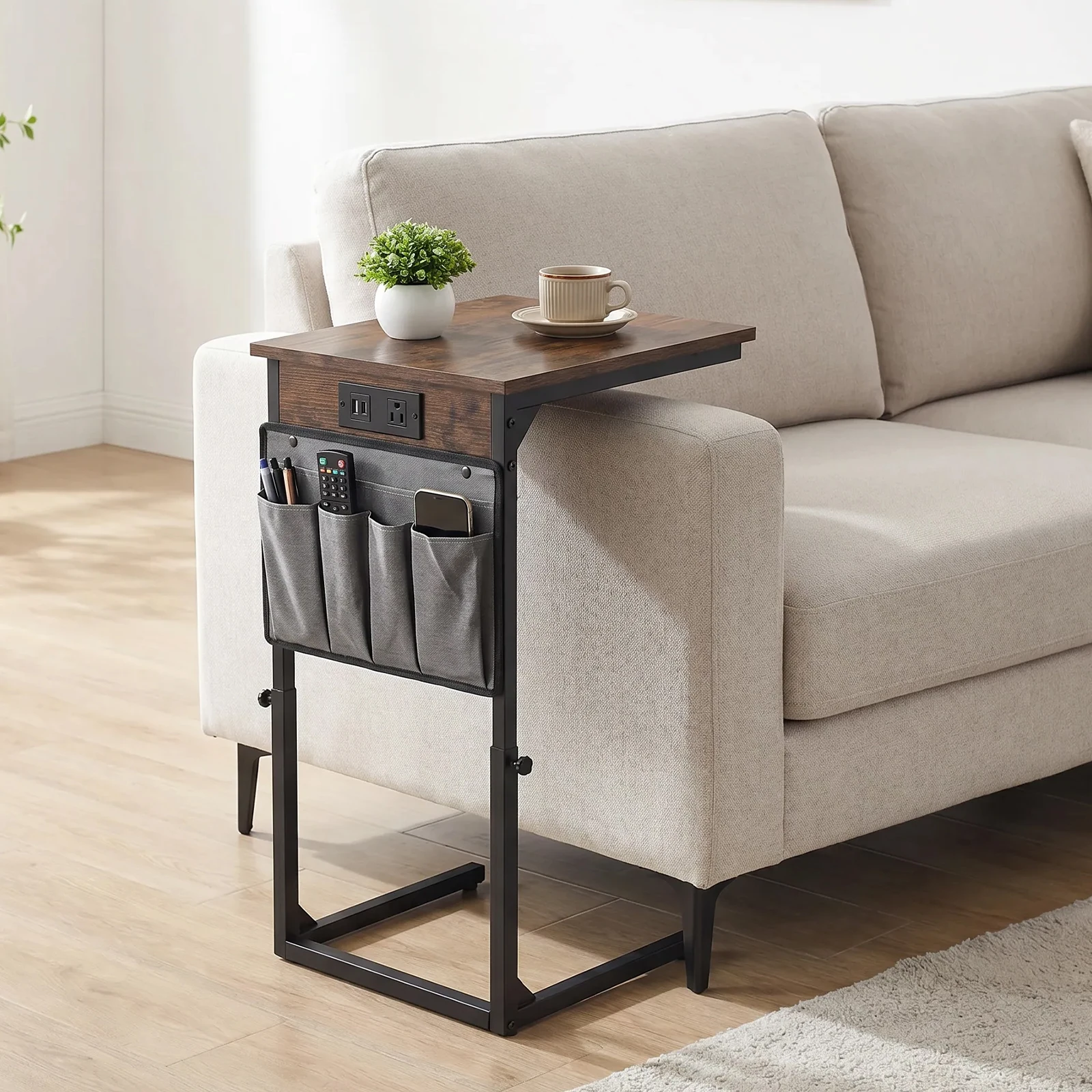 C Shaped End Table With Charging Station, Adjustable Height Side Table For Couch, Slide Under Sofa TV Tray With USB C AC Outlet