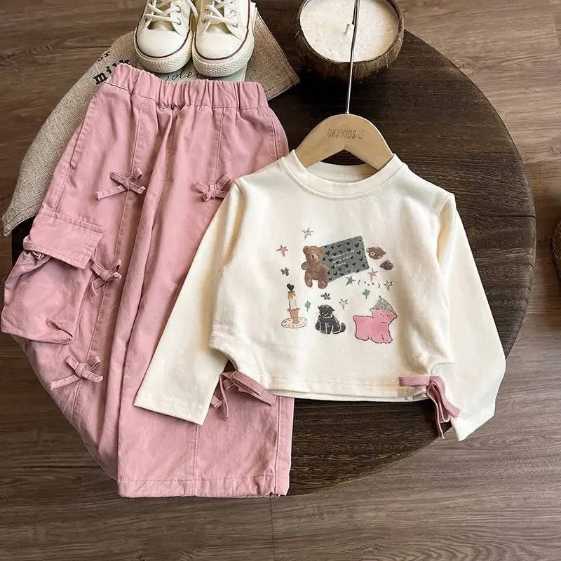 

New Baby Girls Fall Cotton Cartoon Long Sleeve Sets, T-shirt + Pink Pants, Princess Casual Suits 2-7T