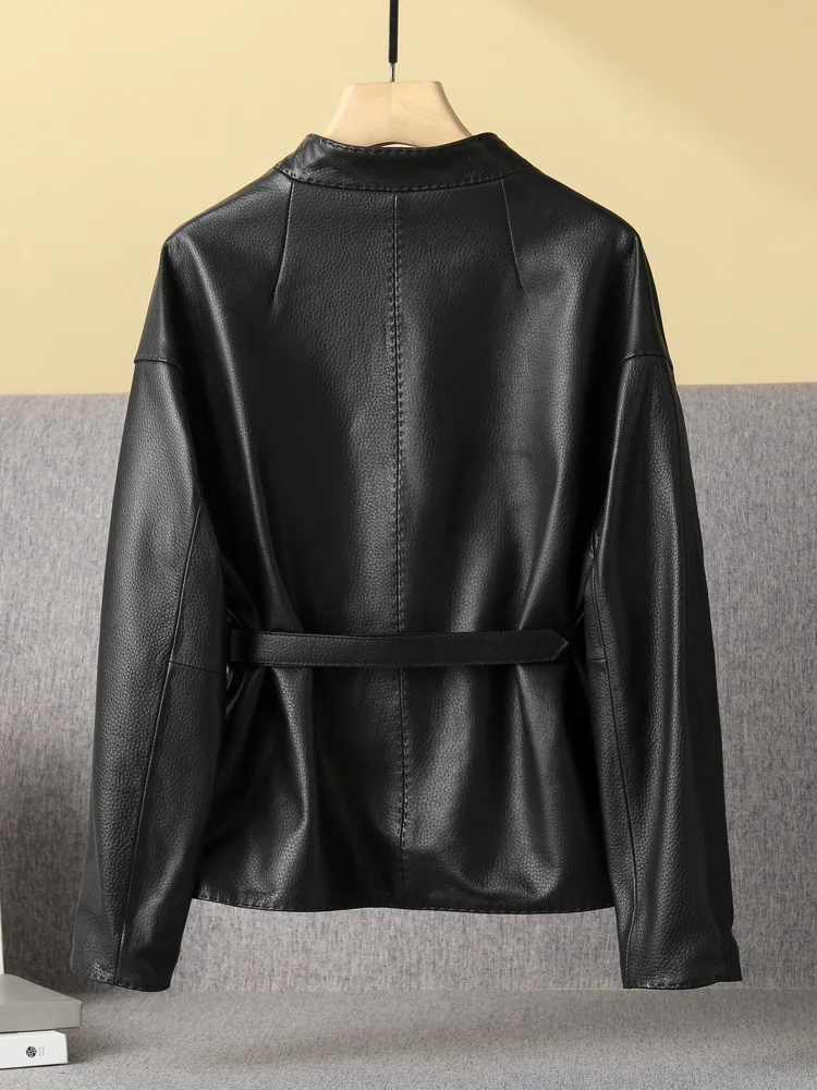 Pattern Genuine Leather Clothes Female Short Round Neck Collarless Leather Jacket Coat Short