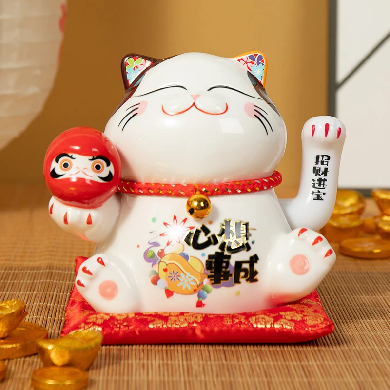 5.5 Inch Ceramic Beckoning Cat Maneki Neko Ornament Feng Shui Decoration Swing Lucky Fortune Cat Battery Powered Business Gift