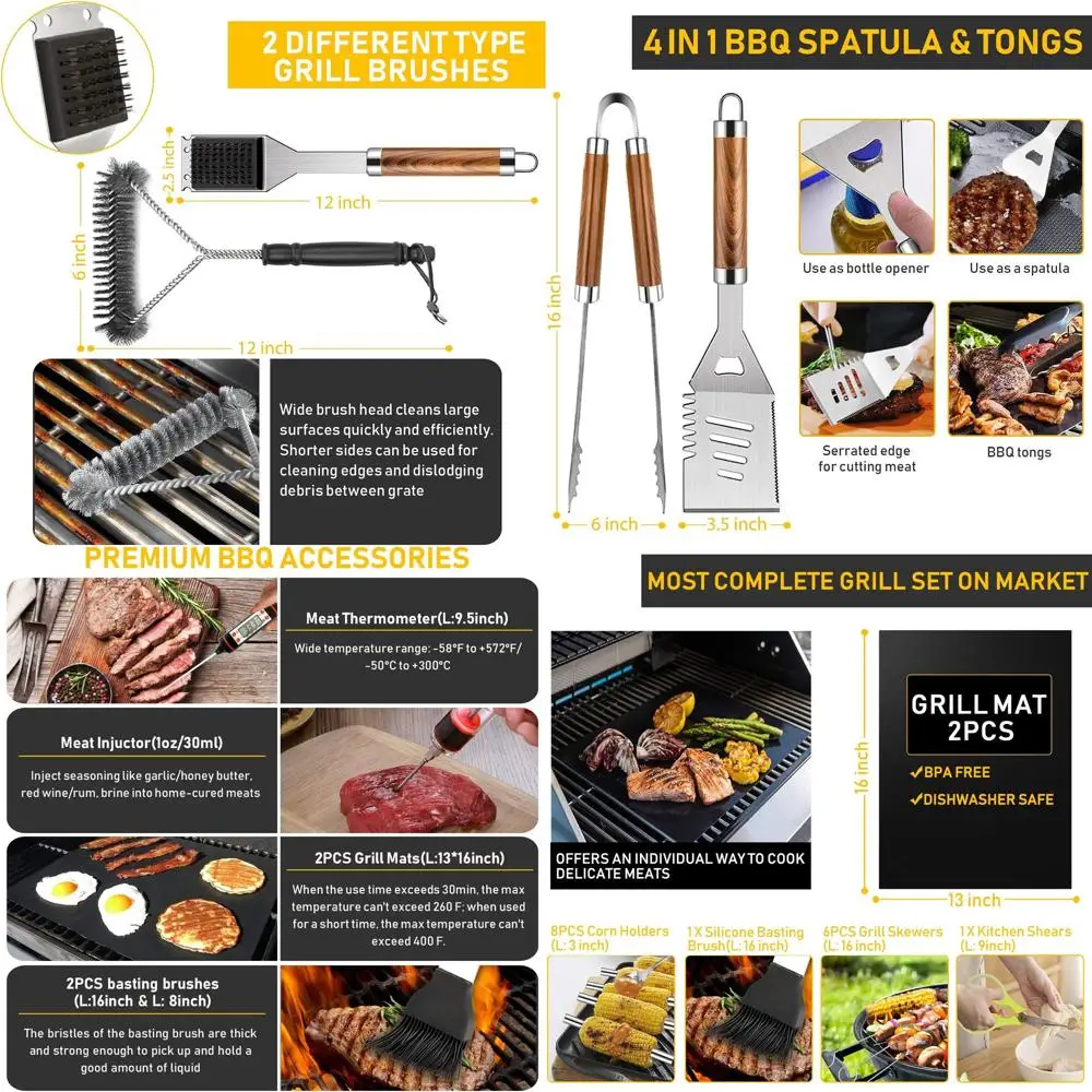 

16-дюймовый набор инструментов для барбекю из нержавеющей стали с термометром, 34 предмета, аксессуары для гриля, подарок для мужчин и женщин