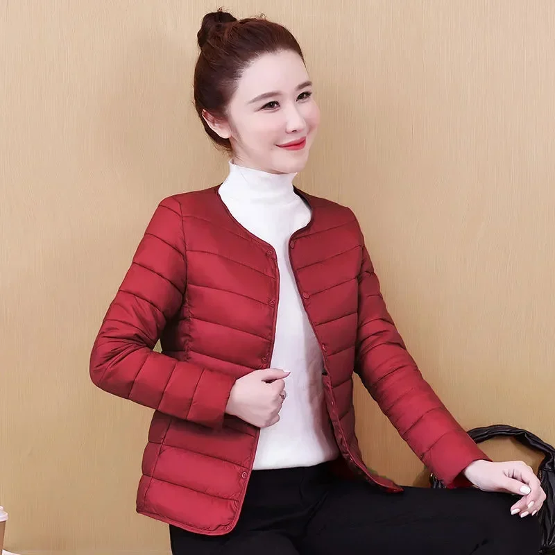 Autumn Winter O neck Down cotton Jacket For women's Light Thin Long sleeved Warm Coat Female Short Casual Cotton Outwear Tops