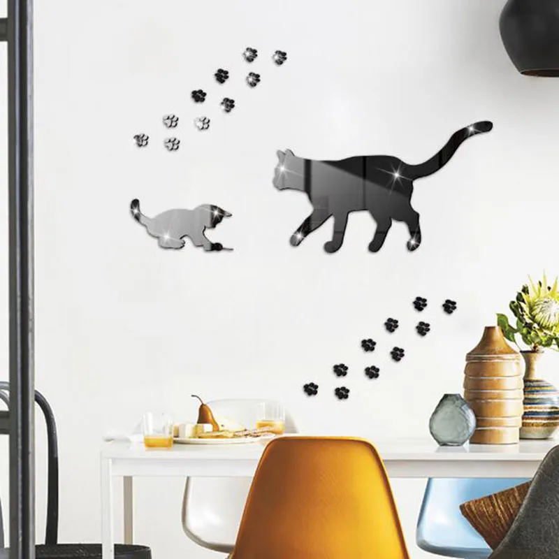 Creative Acrylic Footprint Cat Mirror Sticker DIY Waterproof Self-adhesive Removable Sticker Wall Decoration Home Decal Art