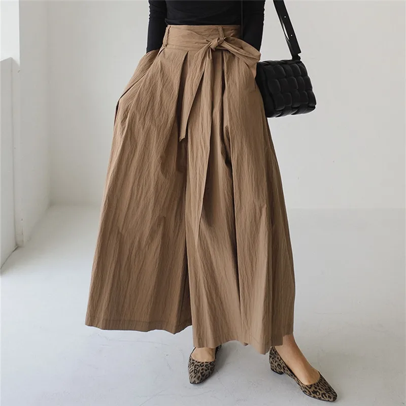 

Johnature New Korean Elastic Waist Tie Wide Leg Women Pants 2024 Spring Summer Ankle-length Pockets Female Pants