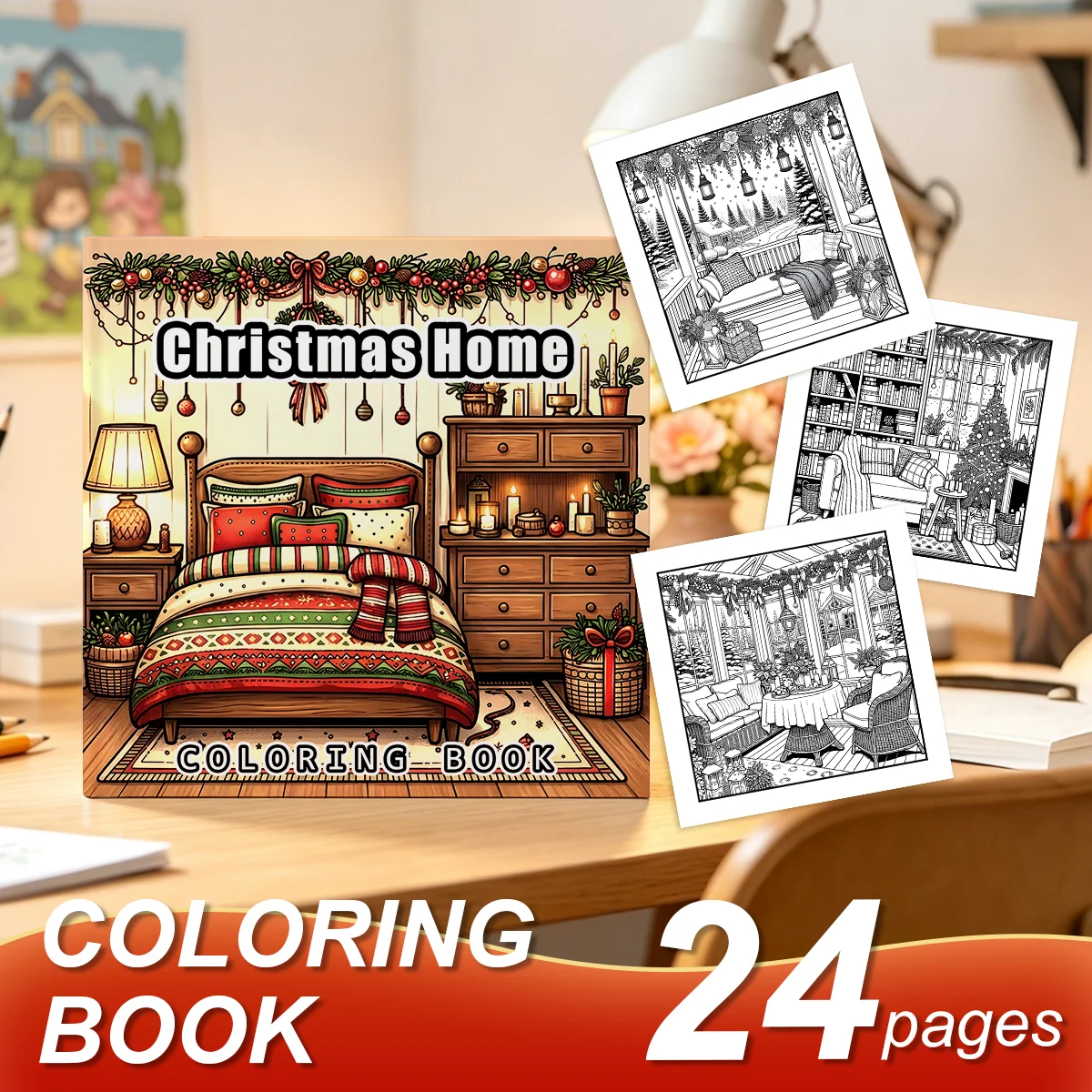Christmas Home Coloring Book for Adults , Cozy Xmas Bedroom Home Decor Patterns, Stress‑Relaxing Mindfulness Art Activity Book