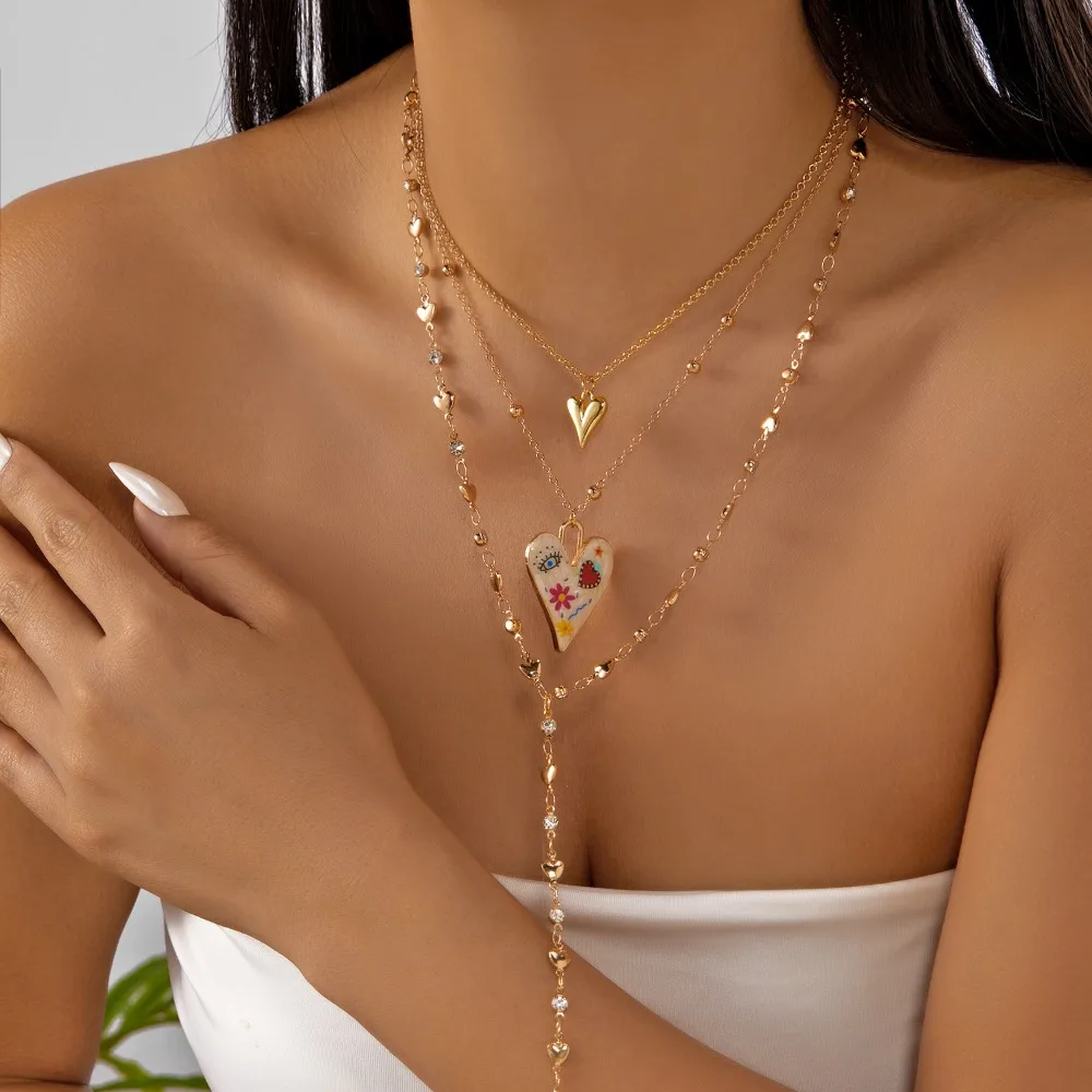 New Fashion Personality Multi-layered Gold Color Graffiti Heart Pendant Tassel Necklace for Women Luxury Stackable Jewelry Gifts