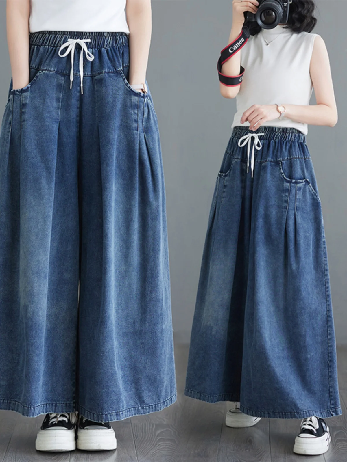 

plus Size Denim Wide Leg Pants Women's Casual Loose Waist Slimming Straight Cut Trousers Spring Summer New Sle Versatile Blue