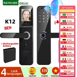 RAYKUBE K12 Tuya WiFi Camera Electronic Lock 3D Face Recognition Fingerprint Smart Door Lock With Screen Rechargeable Battery
