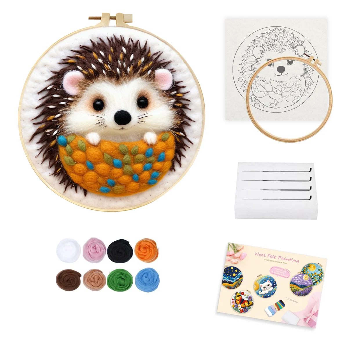 RUOPOTY 1 Pack Needle Felting Wool Painting With Embroidery Frame Hedgehog Needle Felt Starter Set Felt Painting For Beginner