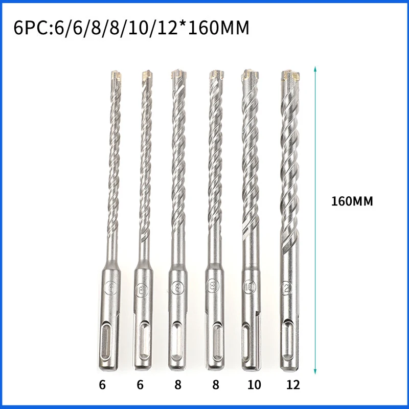 Juego de brocas para mampostería, puntas cruzadas de 6 a 12mm, 4 cortadores, 160mm, SDS Plus, YG8C, martillo eléctrico de punta plana de acero de carburo, 6 unidades