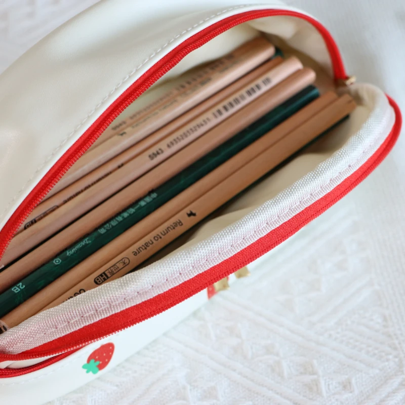 Cute Strawberry Love Pen Bag for Cool Girl PU Easy to Clean Butterfly Knot Stationery Storage Bag Birthday Gift Pen Bag 1pc