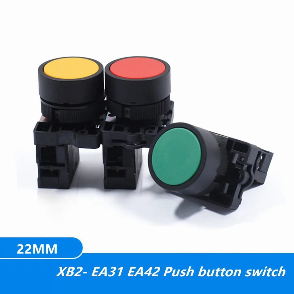 22mm Momentary Flat Push Button Switch XB2- EA31 EA42 NO/NC 10A Self Return Power Starter Switch Red Green Blue Yelllow White