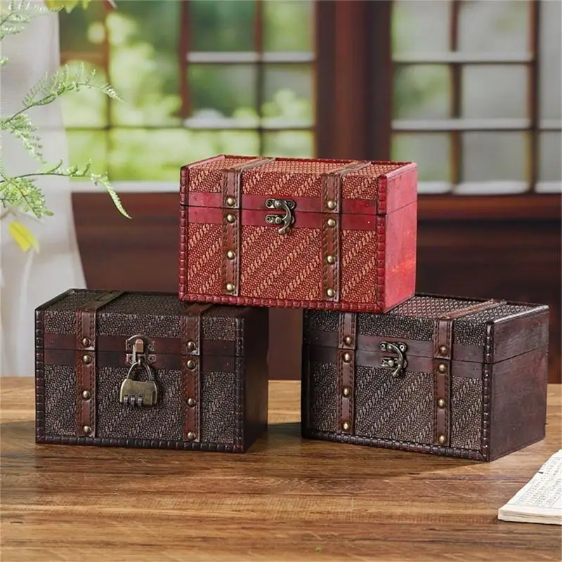 Vintage Wooden Jewelry Storage Box Travel Wood Necklace Bracelet Rings Storage Suitcase Retro Treasure Chest Jewelry Display Box