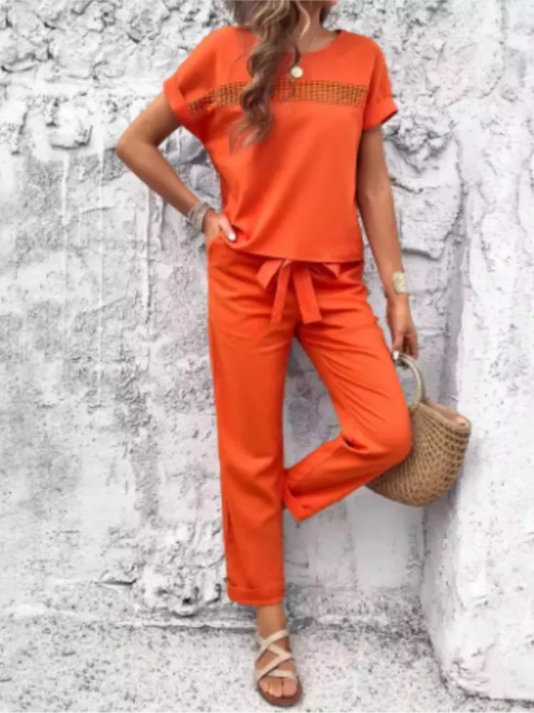 

Women Casual Solid 2 Piece Sets O-Neck Short Sleeve Pullover Tops SetS Lady Fashion Lace-Up Pants Two Piece Sets Women's Summer