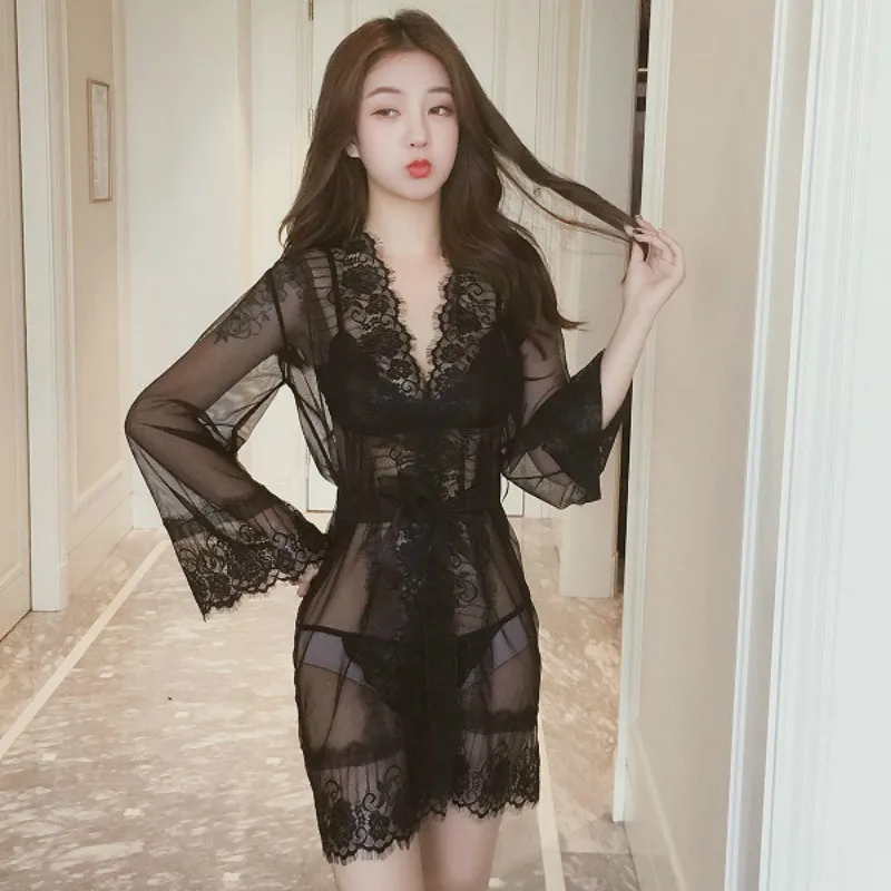 

Pure Lust Lingerie Sheer Mesh Lace Bathrobe Pajamas Feminine Nightdresses Hot Temptation Nightgown Set Loungewear