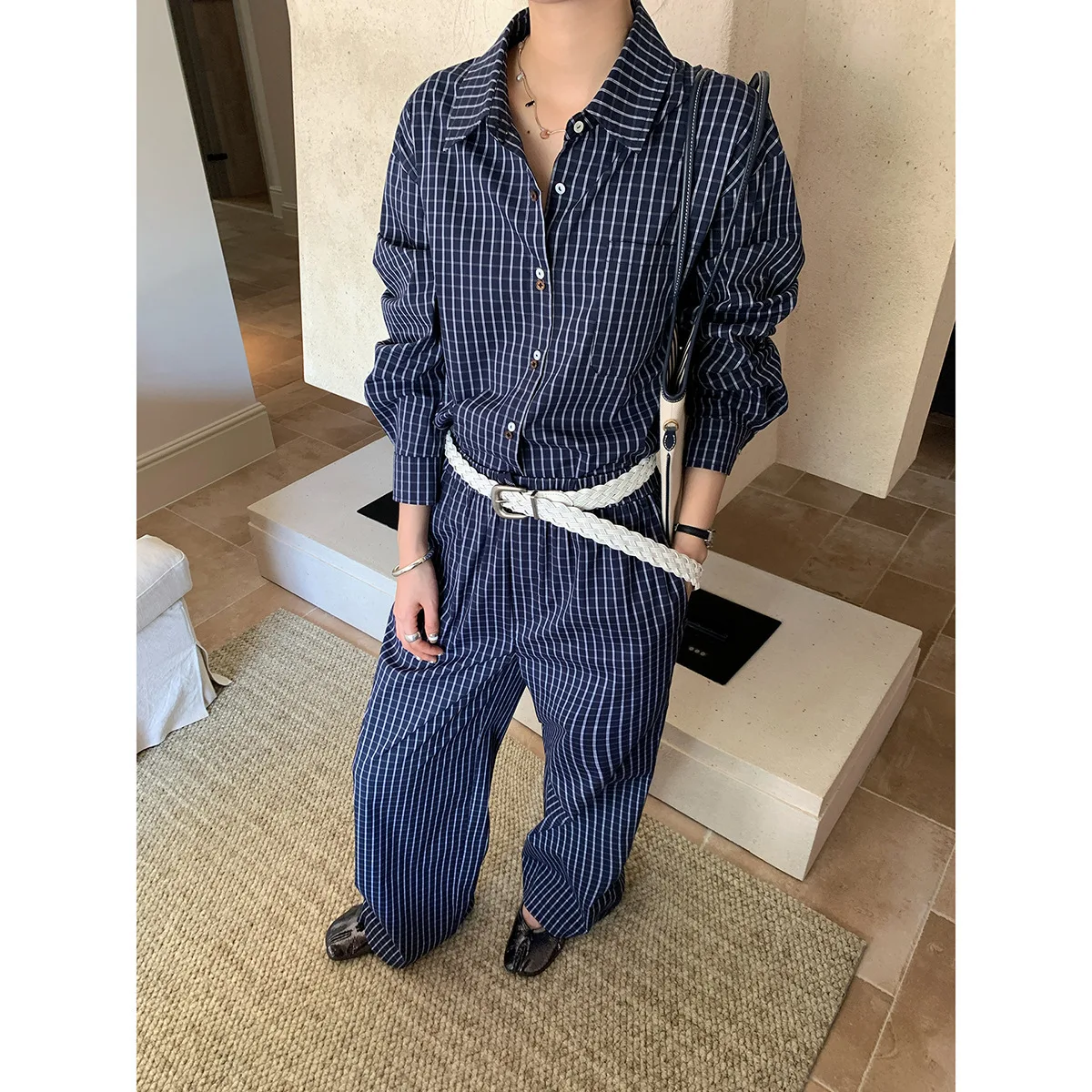 

Autumn Blue Plaid Shirts For Women Summer Casual Loose Long Sleeve Shirt