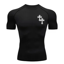 Cross Print Compression Shirt for Men Y2K Sporty Quick Dry Tshirt Tops Gym Workout Running Baselayers Undershirts Rash Guard