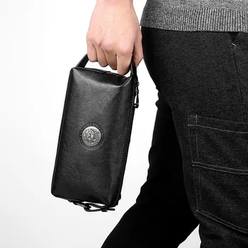 Echt lederen portemonnee voor heren Mannelijke echte koeienhuid Heren lange rits Slanke clutch Portefeuilles Portemonnee met kaarthouder Telefoontas handtas