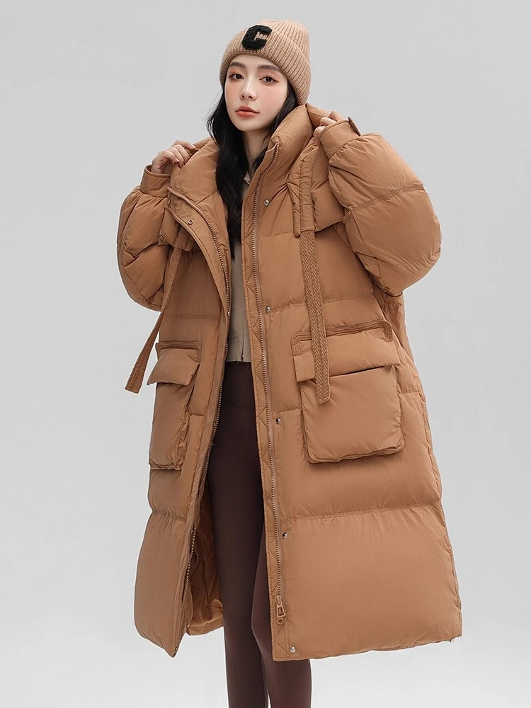 Dames donsjack 2025, winter lange capuchon, Koreaanse stijl, casual warme mode-jas
