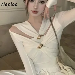 Neploe Autumn New V-neck Slim Fit White Tee Shirt Sexy Off Shoulder Bottoming Tops Women Y2k E-Girl Long Sleeve T-shirts