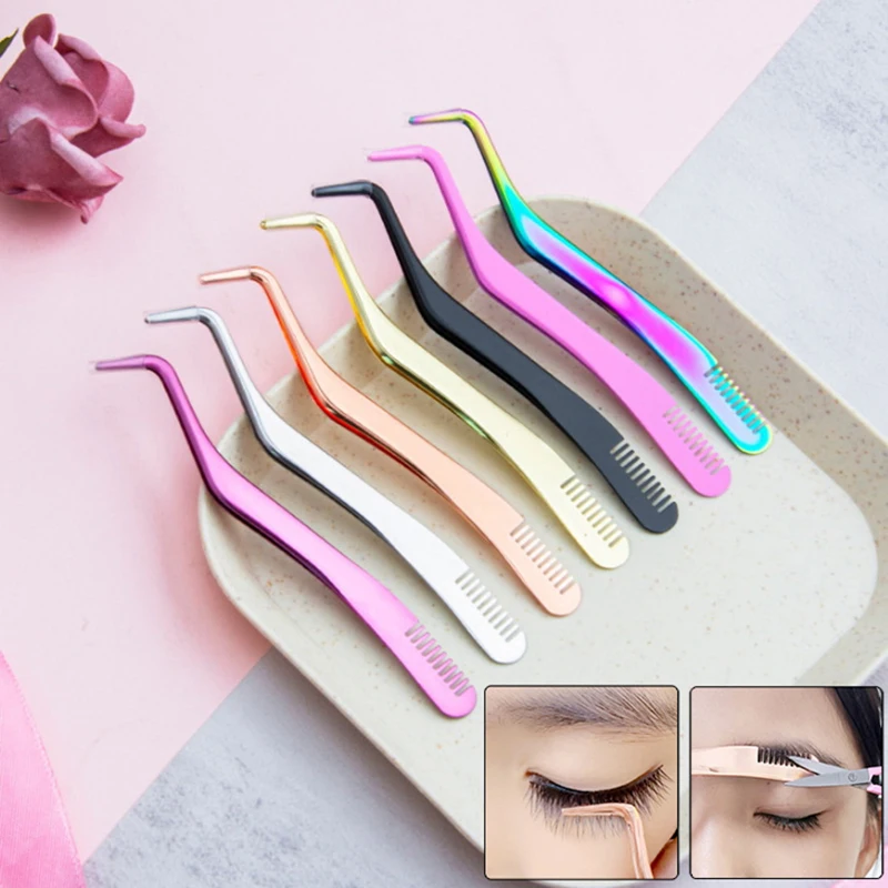 1 Pcs Eyelash Comb Tweezers Stainless Steel Anti-Static Non-Magnetic Professional Pincet Lashes Extension Tweezers Makeup Tools