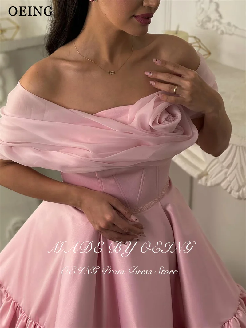 BOEING Prinzessin A-Linie Prom Kleider Rosa Off Schulter 3D Blumen Satin Geraffte Rüschen Geburtstag Party Kleider vestidos Angepasst
