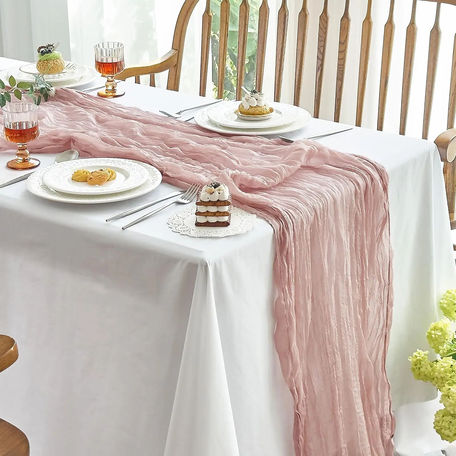 Semi-Sheer Wedding Table Runner Dusty Pink Gauze Cheesecloth Table Setting Dining Wedding Party Christmas Arches Cake Decor