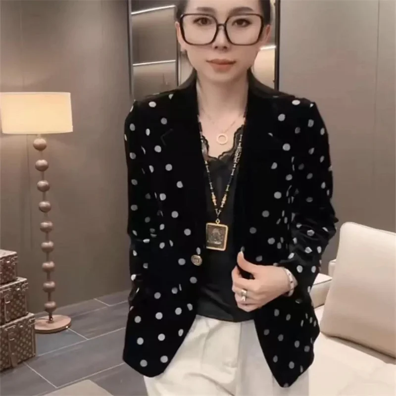 

Новый женский костюм-блейзер 2026 года: весна-лето-осень, ретро, с длинным рукавом, в горошек, универсальный, из вельвета