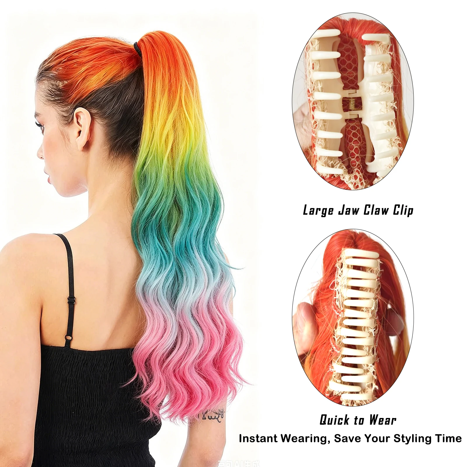 Jeedou Long Curly Ponytail Hair Extension Rainbow Ombre Claw Clip Synthetic Hairpiece Cosplay Wig Additional Tail for Volume