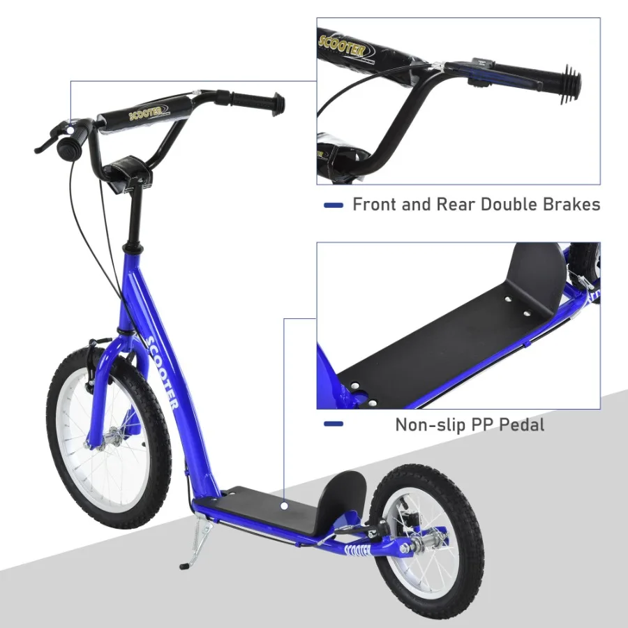 Aosom Youth Scooter Kick Scooter para 5+ con manillar ajustable 16 frenos dobles delanteros y 12 traseros ruedas inflables azul