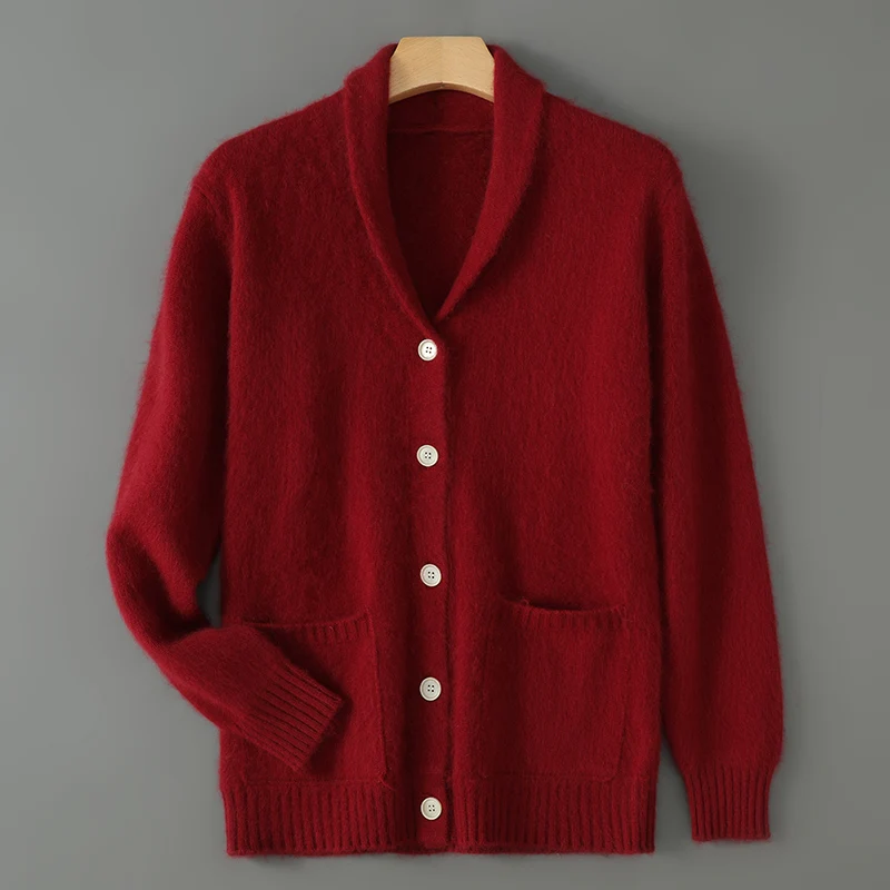 Autumn And Winter New Men's Wool Cardigan Green Collar Thick Sweater Coat Leisure Business Knitting Mink Wool