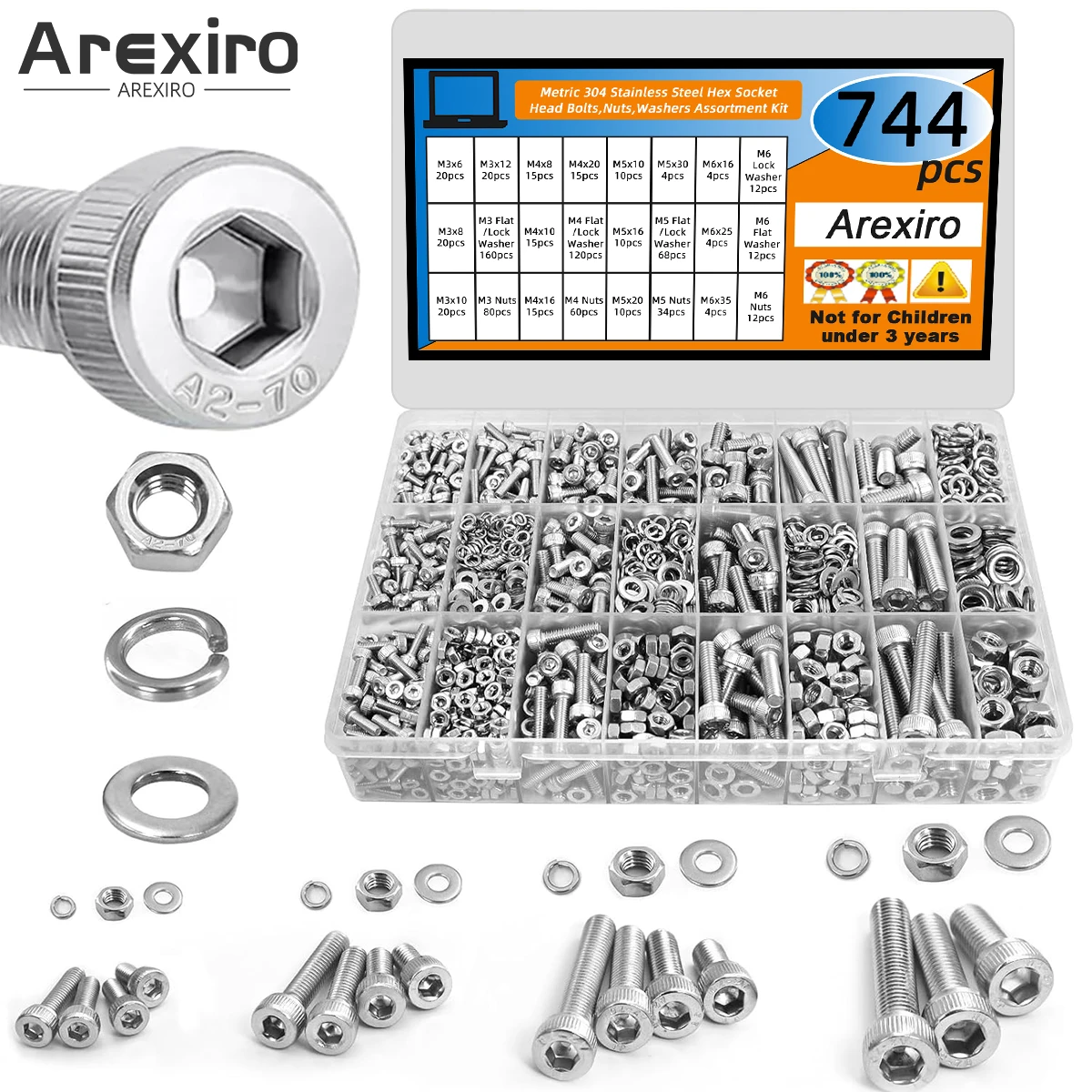 

744PCS 304 Stainless Steel M3 M4 M5 M6 Metric Screw Hexagonal Socket Head Bolt Nut and Washer Combination Kit for DIY3D Printers