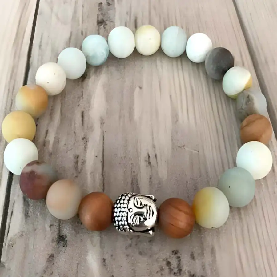 

8mm Amazonite Gemstone Sandalwood Silver Buddha Mala Bracelet Stone Mala Women Sacred Bead Gemstone Nirvana Buddha Meditation