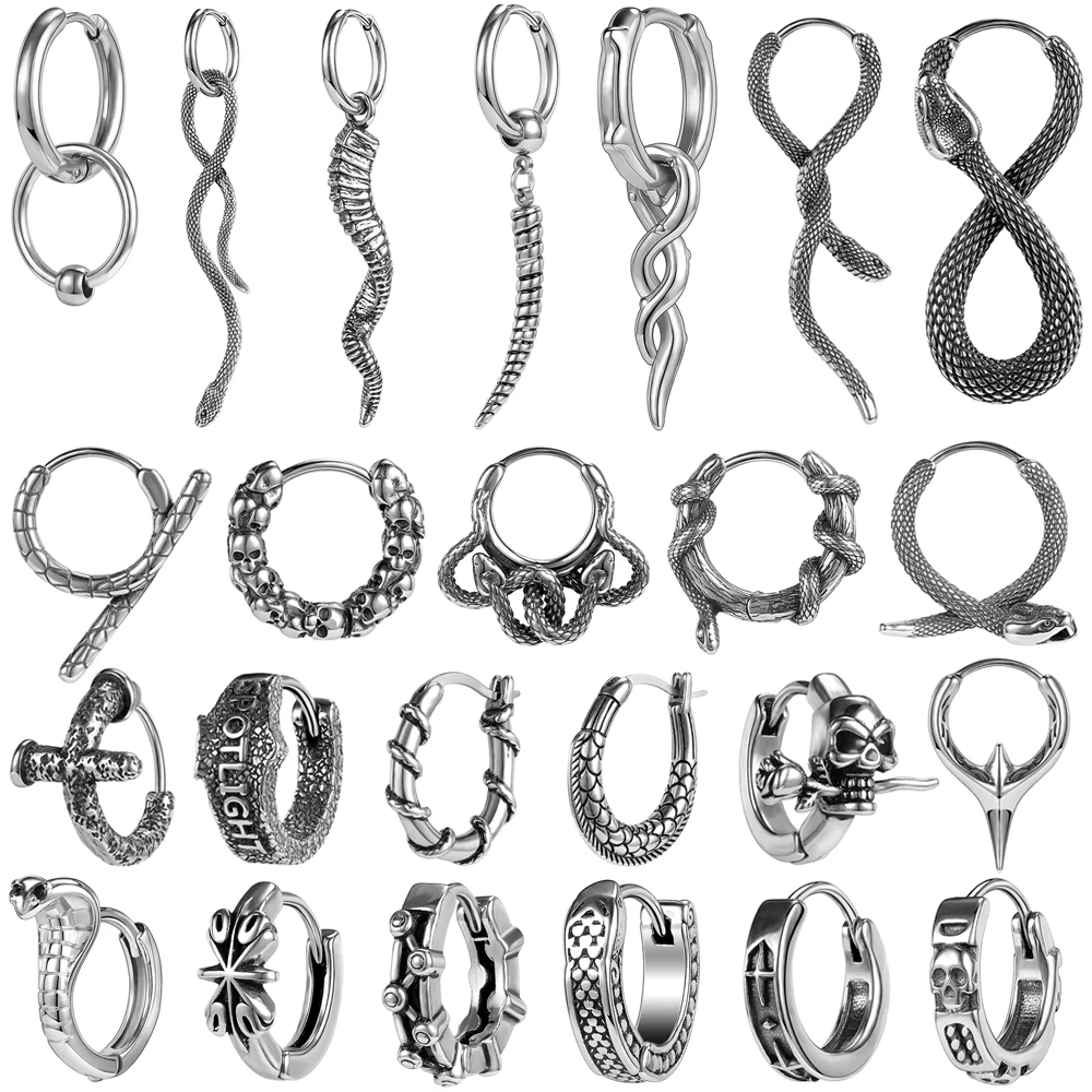 ZS 18G 1/2 PCS Punk Rock Snake Pattern Hoop Earring Stainless Steel Skull Ear Buckles Men Ear Jewelry Gift Snake Drop Earrings