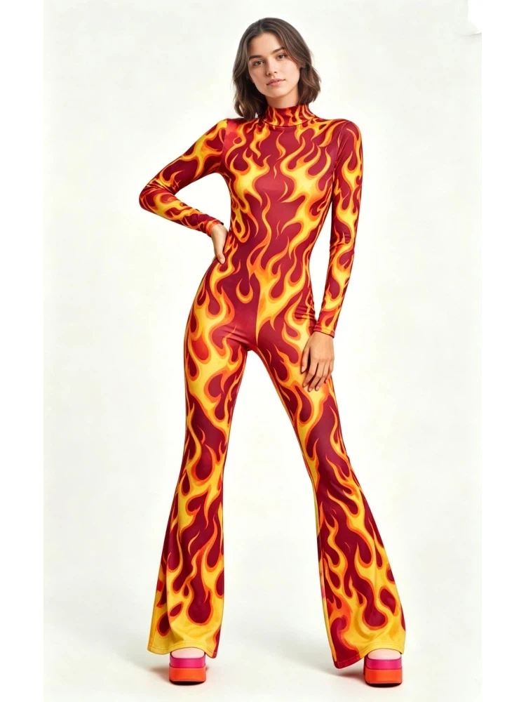 Damen-Jumpsuit mit ausgestellten Schlaghosenbeinen, geometrischem Schmetterlings-Skelett-Muster, figurbetont, Catsuit, Festival-, Rave-, Halloween-Cosplay-Outfit – Detail 16