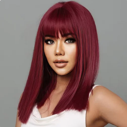 Wig wanita serat sintetis, rambut palsu lurus panjang, dengan pinggiran anggur merah, rambut panjang medium, suhu tinggi