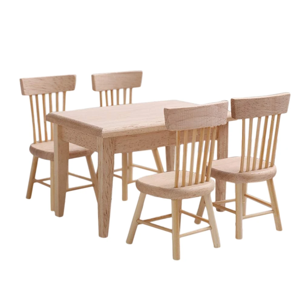 

1/12 Wooden Furniture of Table & Chair Set, Miniature Accessories of Dining Room Accessory