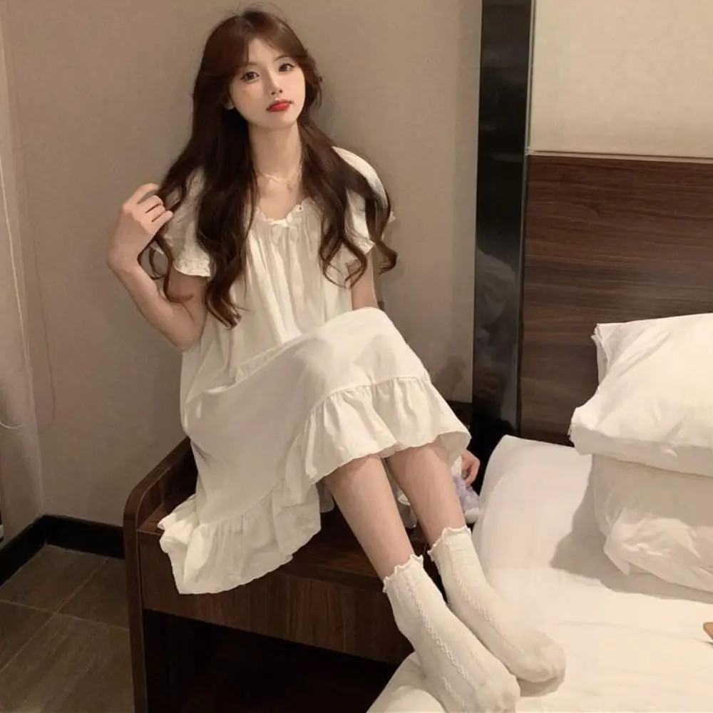 Casual Bowknot Women's Pajama Dress Short Sleeve Loose Ruffle Nightdress Home Wear Sleepwear Princess Nightgown Female