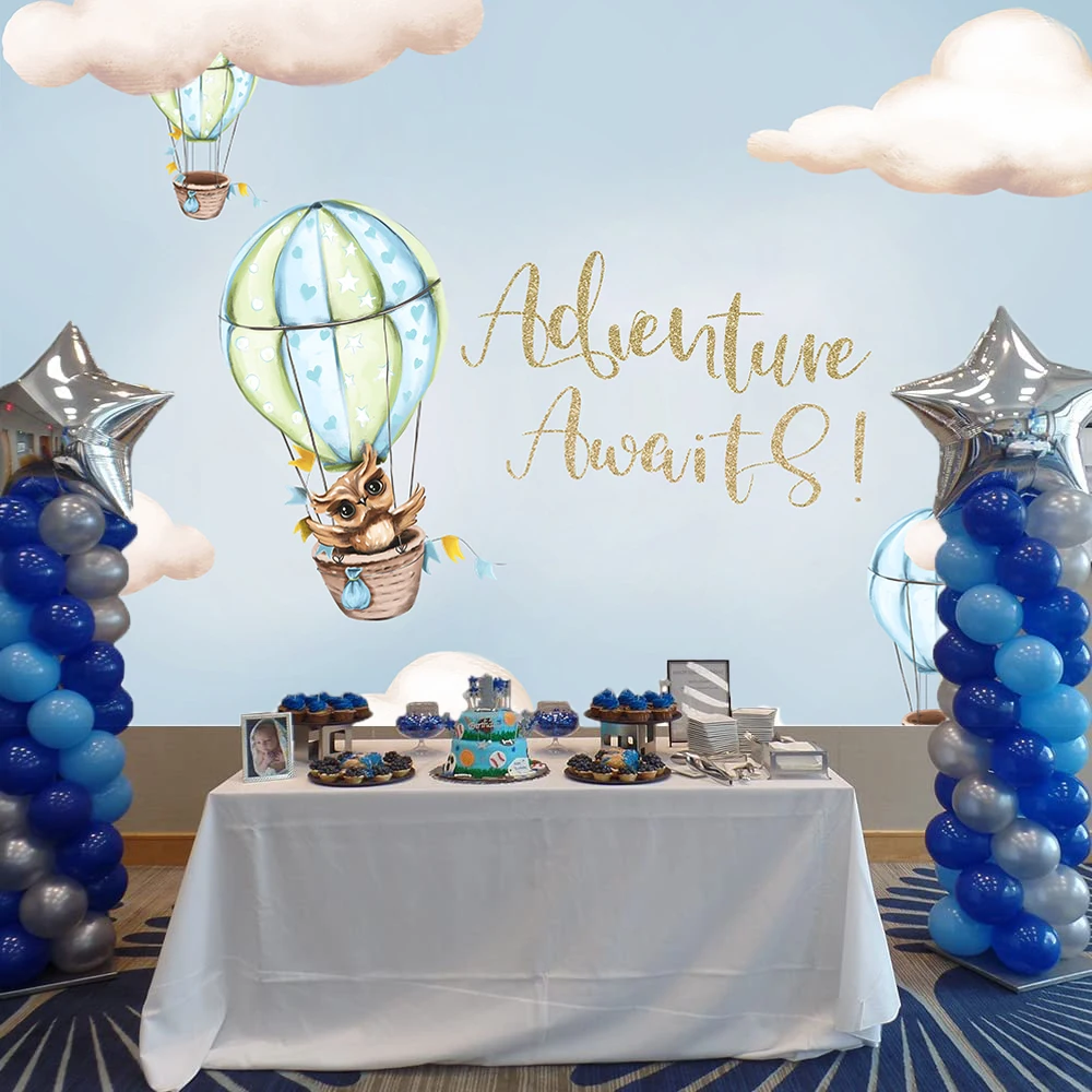 Aventura espera Baby Shower telón de fondo pájaro carpintero globo de aire caliente nubes Fondo fiesta de cumpleaños decoración W-7966