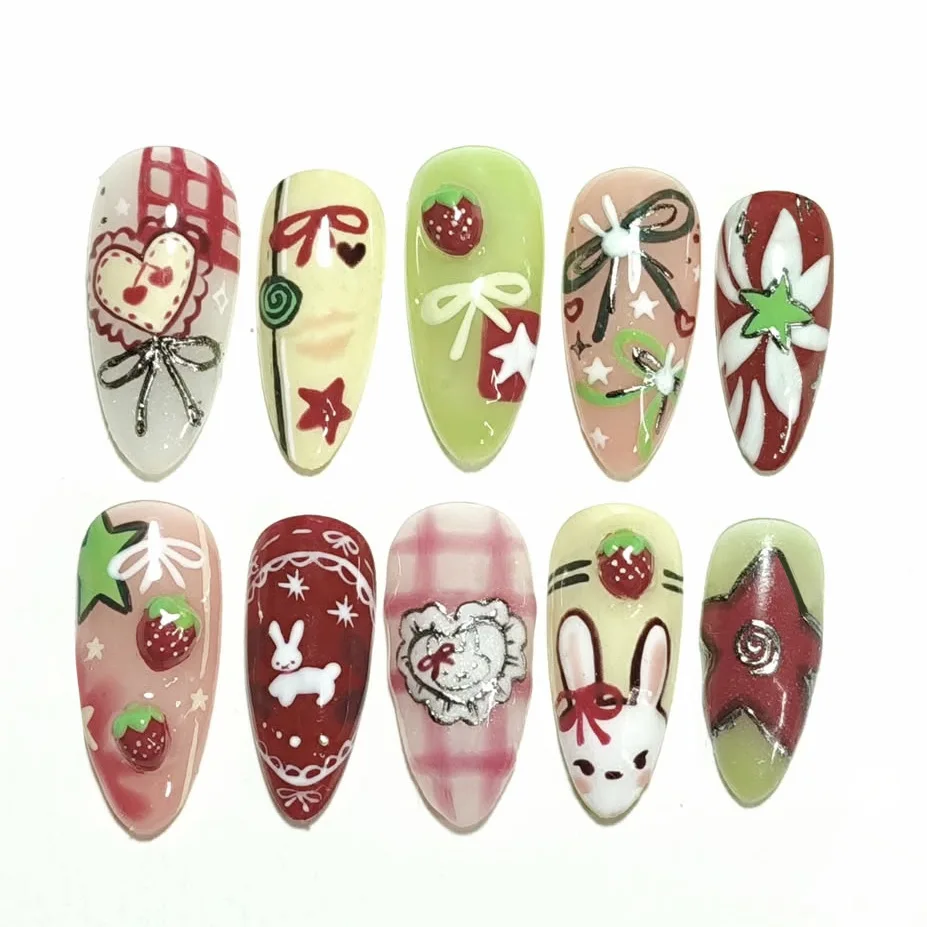 24PCS Sweet Cool Almond Wearable Fake Nails Glitter Green Cute Cartoon Rabbit Black Cat Butterfly French False Nails for Women
